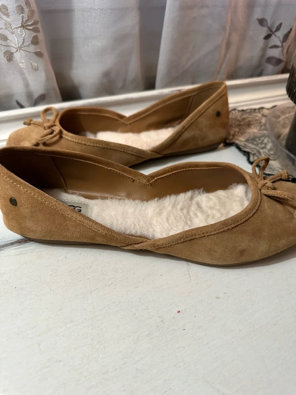 UGG Chestnut Suede Shearling Ballet Flats with Bow - Picture 6 of 11
